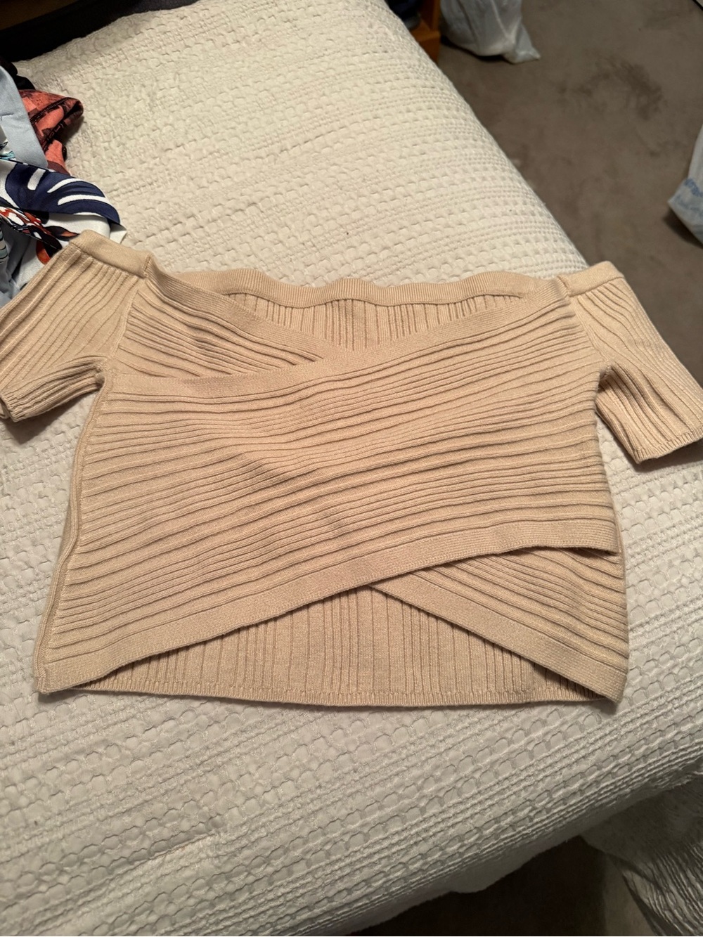 Beige Off-Shoulder Ribbed Knit Women's Sweater